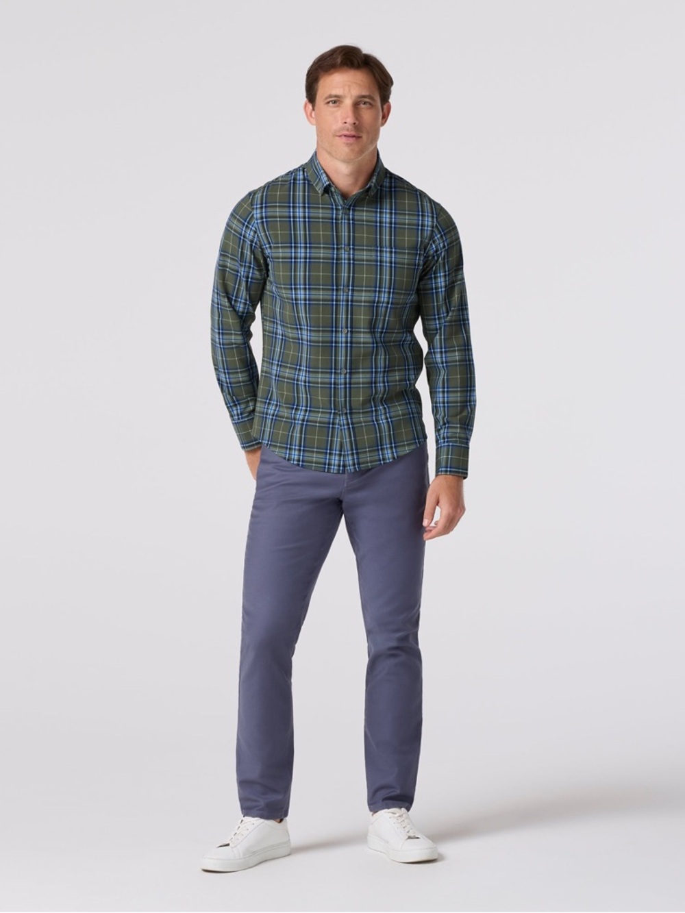 Mizzen+Main City Flannel Golf Shirt No Tuck Trim Fit Shirt Olive Plaid Med NWT